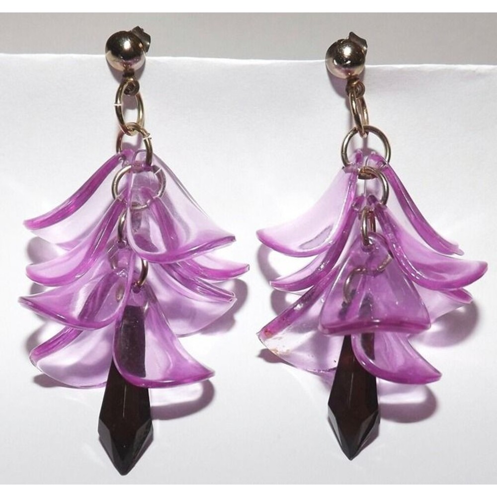 Vintage Retro Purple Black Lucite Shaky Dangle Earrings